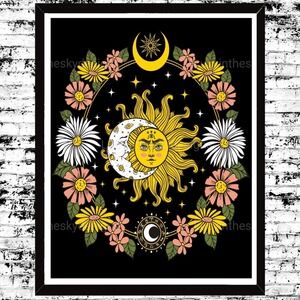 Moon Sun Daisy Celestial Pink Black Gold Art Print 8.5x11